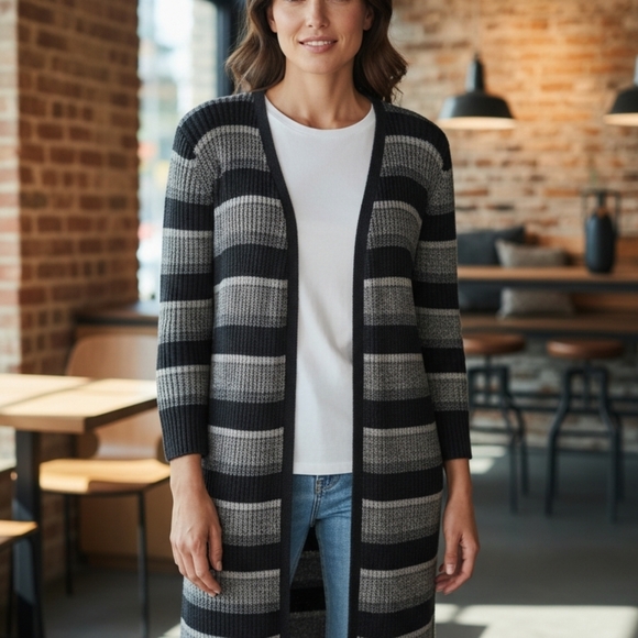 Women's Black and Gray Striped Cardigan Sweater - Picture 2 of 6